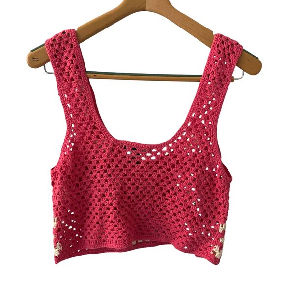 Forever 21 Pink & White Knit Granny Square Scoop Neck Halter Tank Top M - Picture 2 of 6